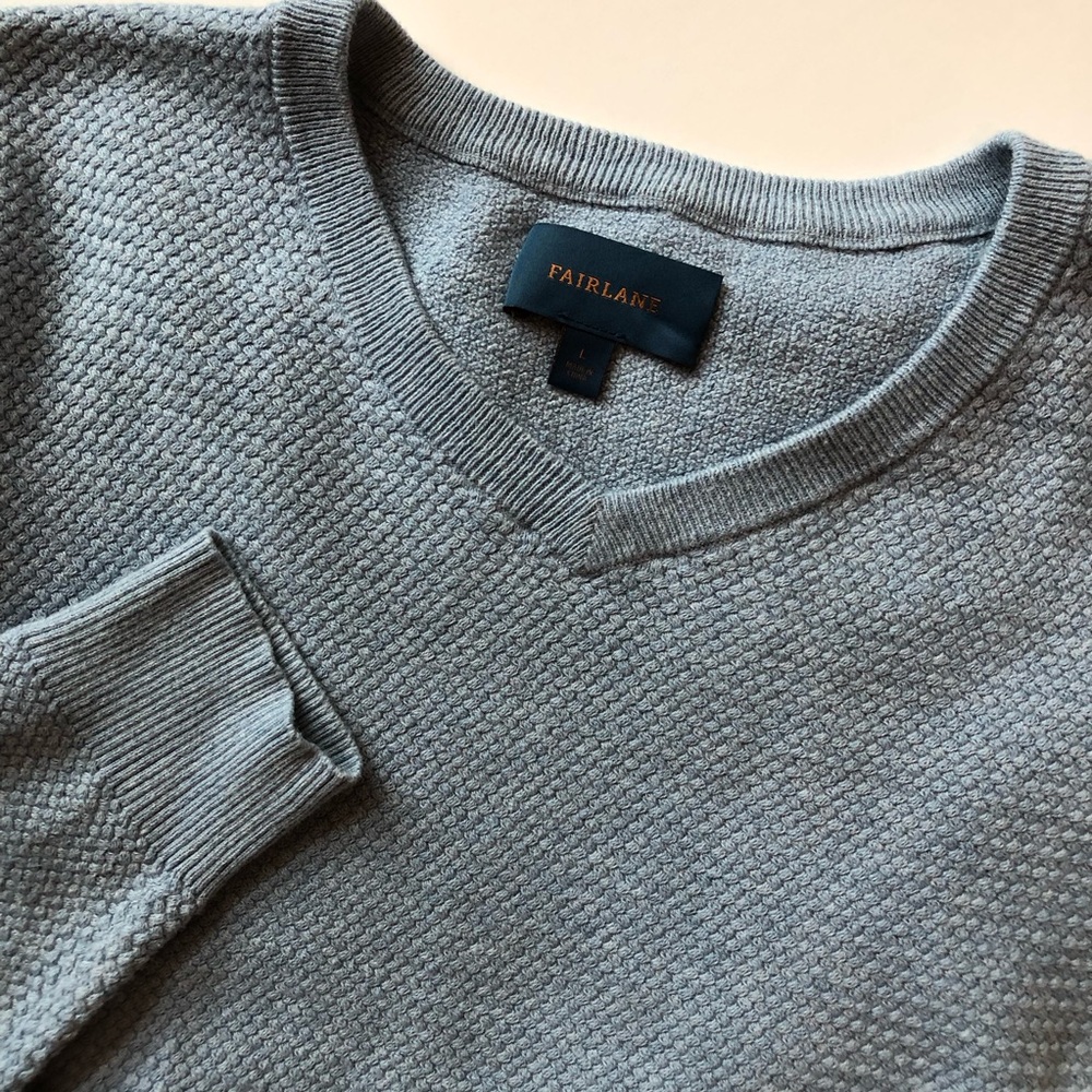 Fairlane Men’s Large V-Neck Sweater Cotton Cashmere Blend Braid Stitch Sky Blue